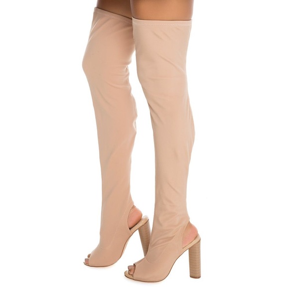 NIB Cream Neoprene Peep Toe Over The Knee Boots - Picture 5 of 8